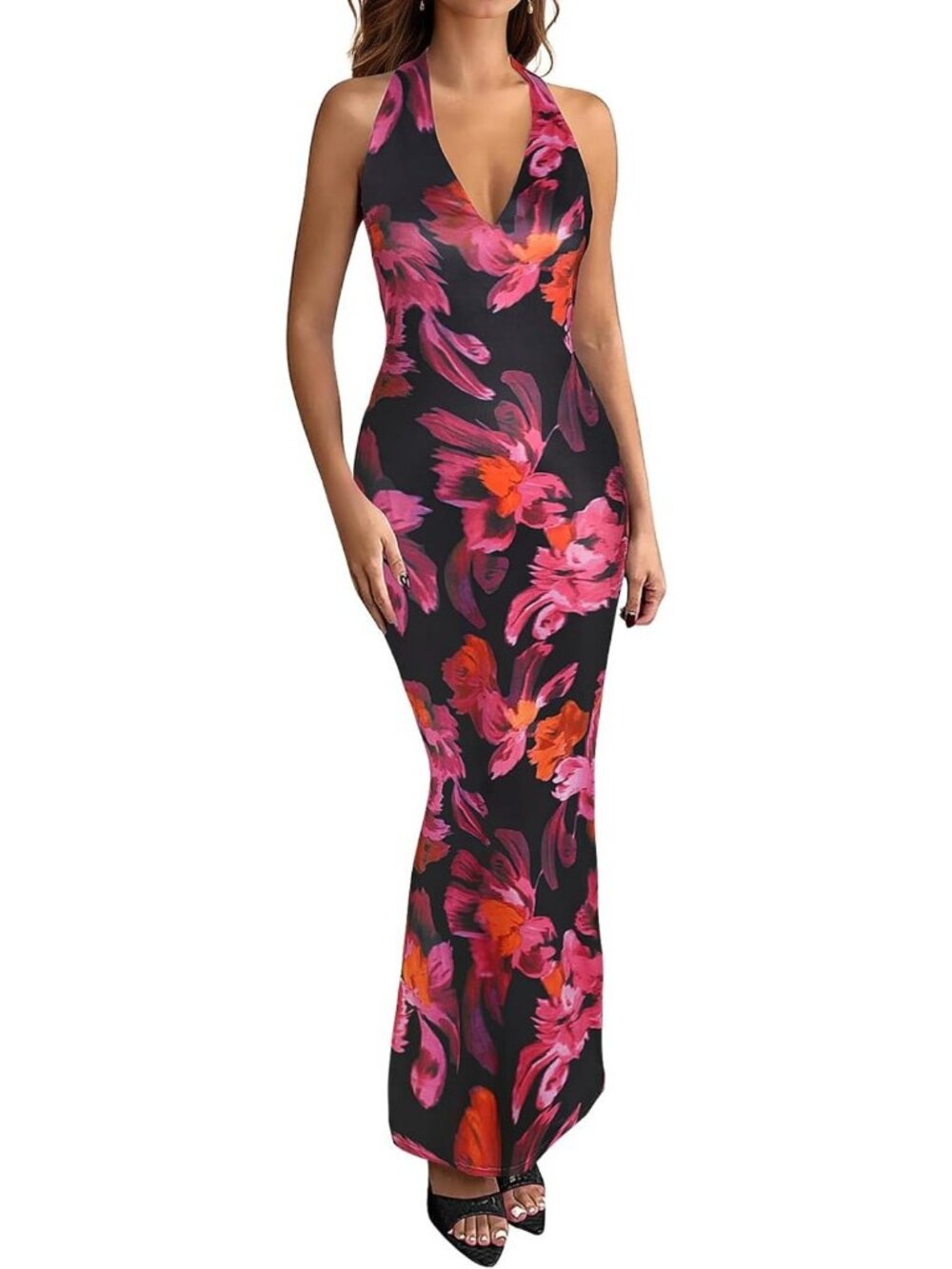 Floral Print Halter Maxi Dress - Sleeveless Bodycon Summer Party & Wedding Guest